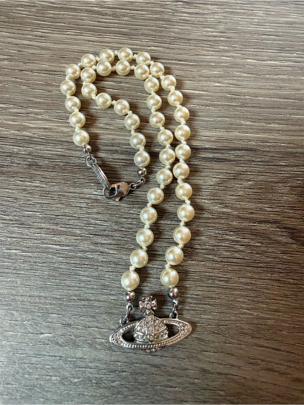 Vivienne Westwood Cream Pearl Necklace with Silver Orb Pendant